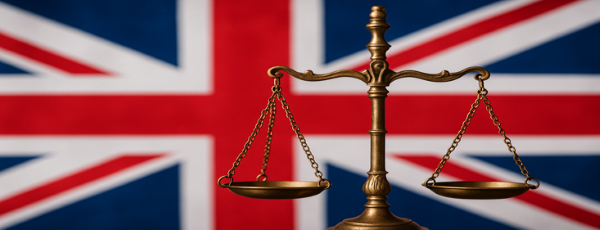 Weighing scales with no weights on either side with a union jack background.